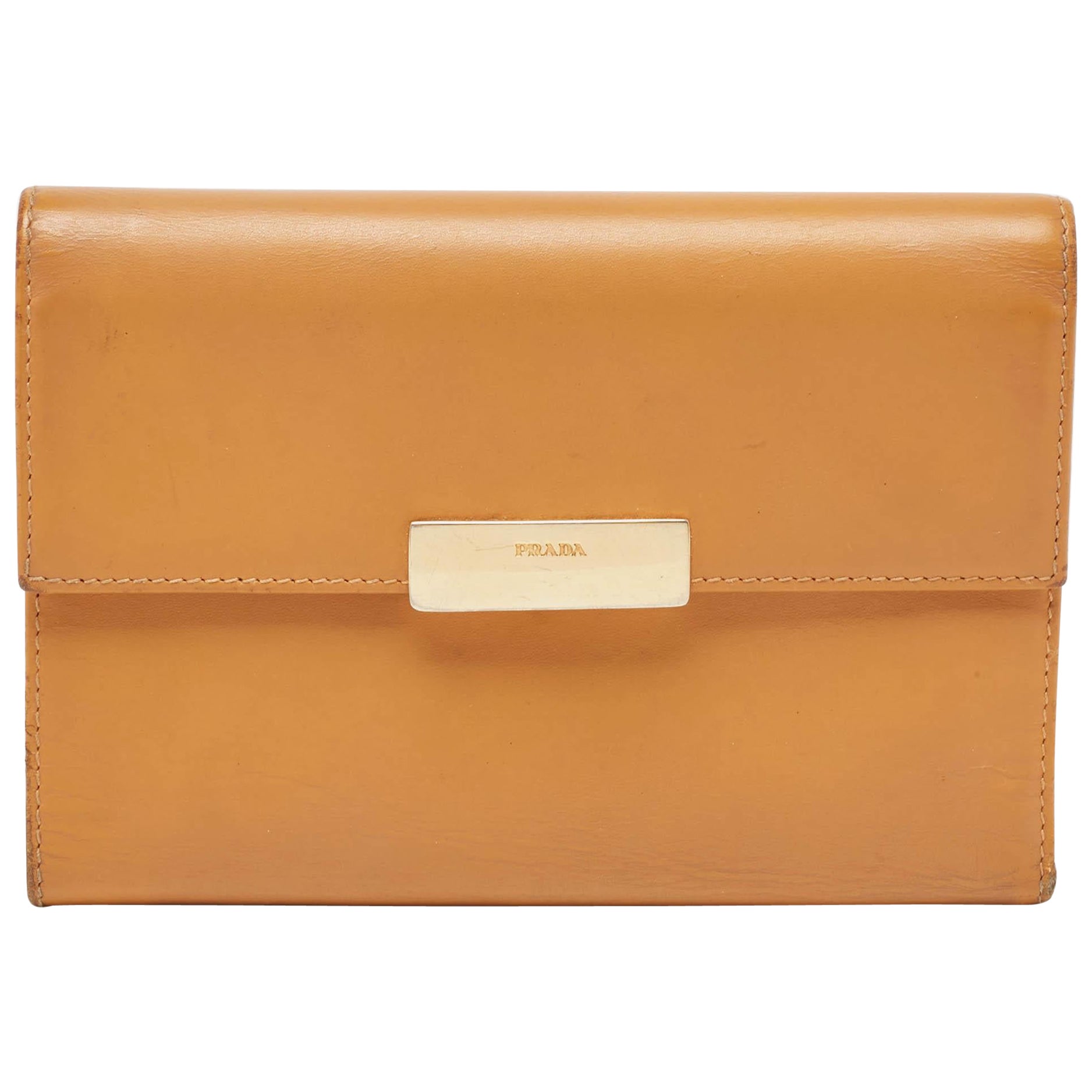 Prada Tan Leather Logo Plague Trifold Wallet