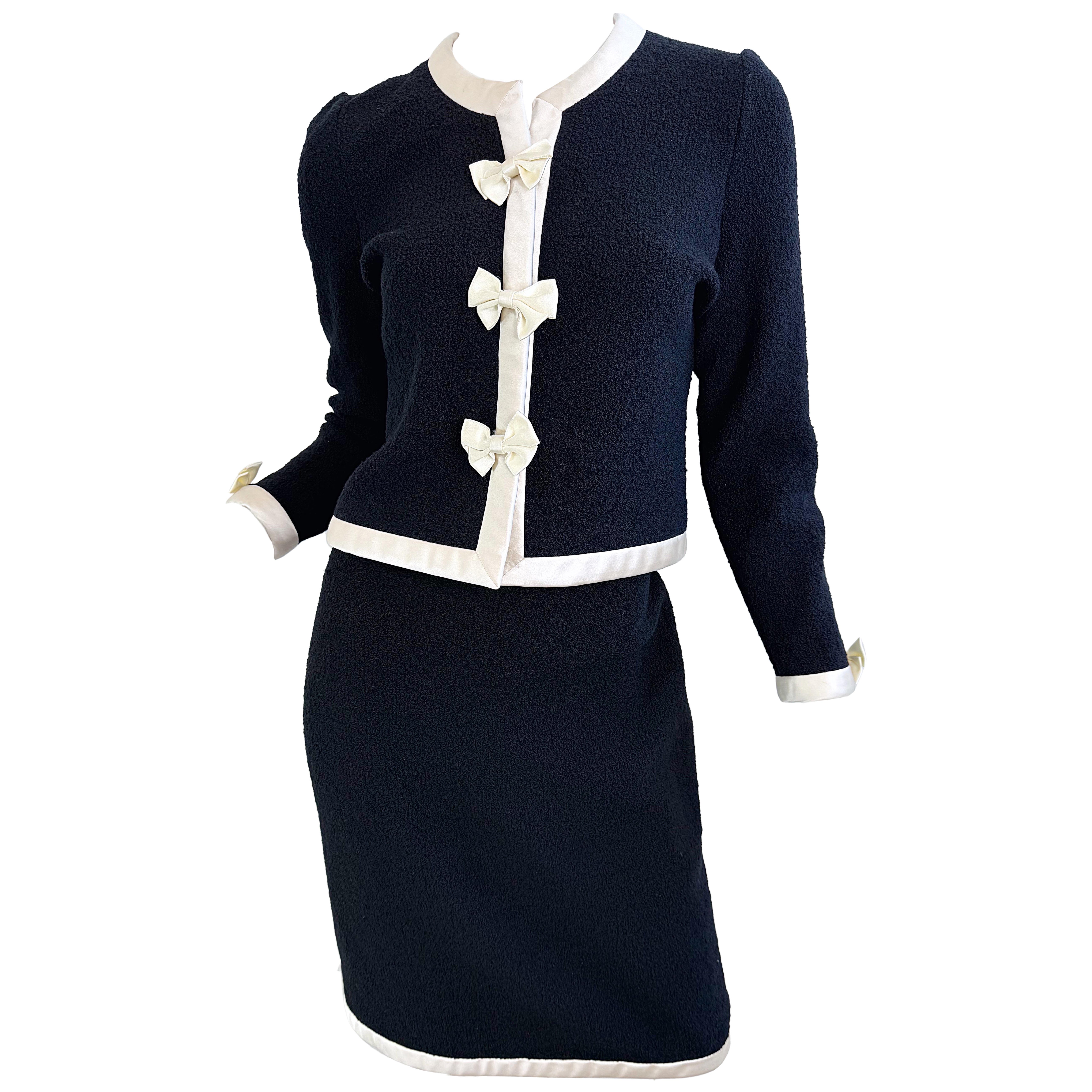 1980s Adolfo for Saks 5th Avenue Black and White Vintage 80s Skirt Suit Bows For Sale