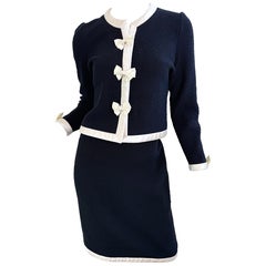 1980s Adolfo para Saks 5th Avenue Blanco y Negro Vintage 80s Falda Traje Lazos