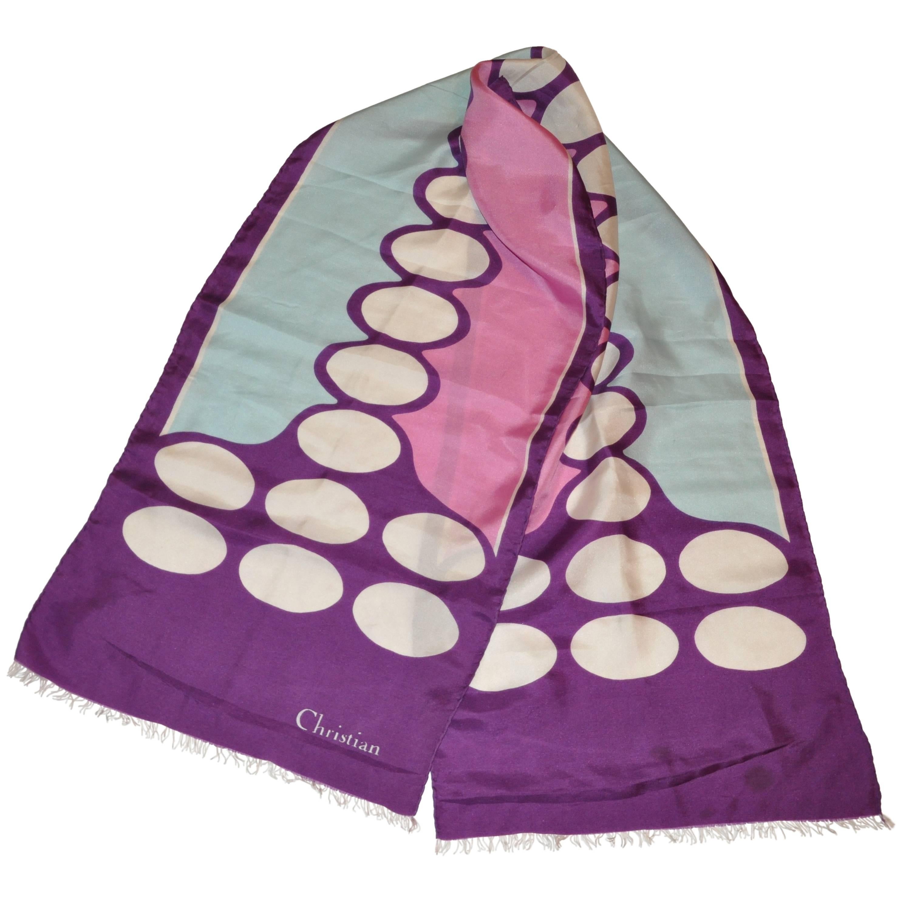 Christian Dior Purple With Oval Center Rectangle Fringed Silk Scarf