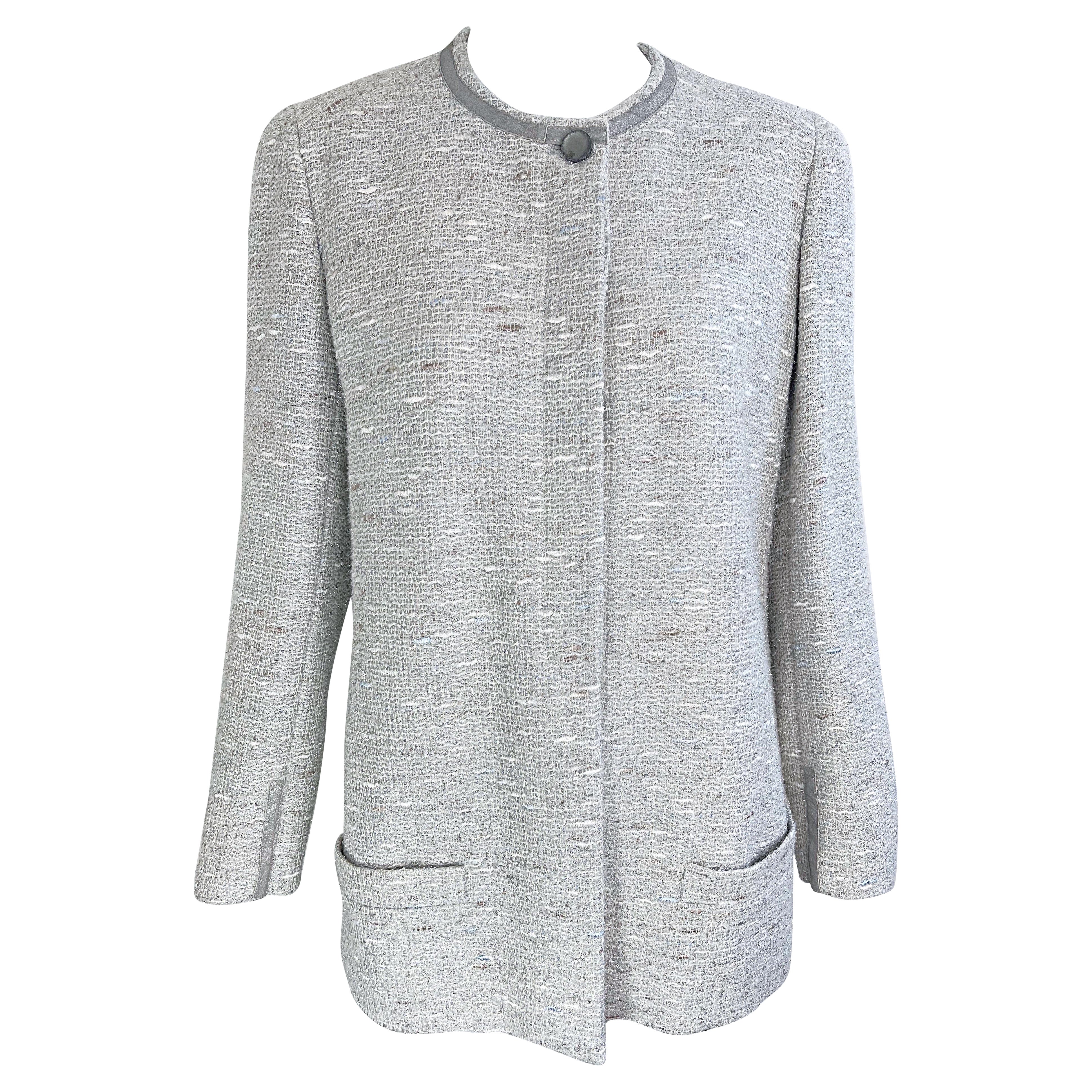 Chanel Fall 1999 Runway Size 46 Large Silver Tweed Vintage Blazer Jacket Pockets For Sale