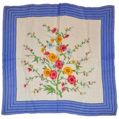 Delicate "Floral Arrangement" with Blue & Black Stripe Border Silk Scarf