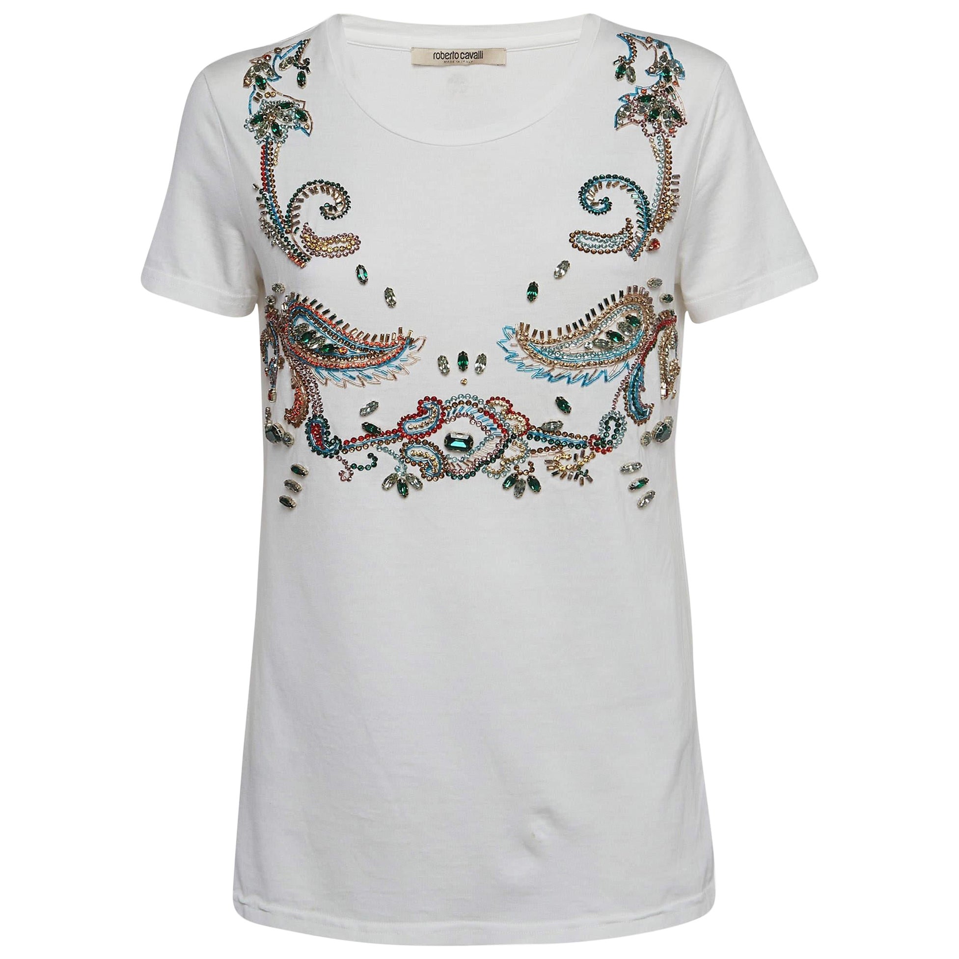 Roberto Cavalli White Crystal Embellished Knit Top M For Sale