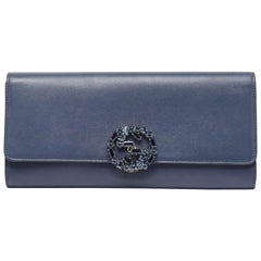 Gucci Dark Blue Leather GG Crystals Broadway Clutch