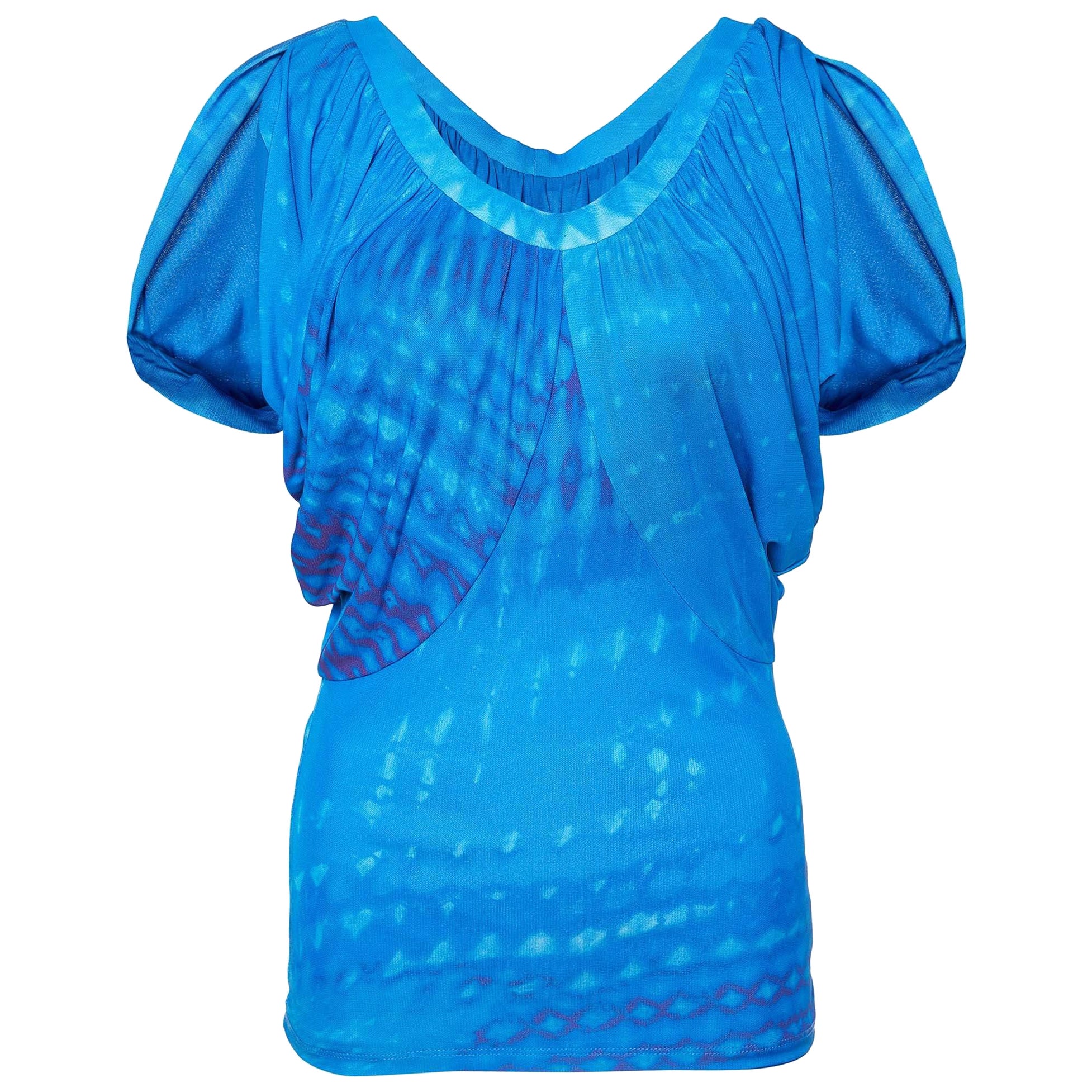 Roberto Cavalli Blue Printed Jersey Draped Sleeve Top S For Sale
