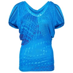 Roberto Cavalli Blue Printed Jersey Draped Sleeve Top S