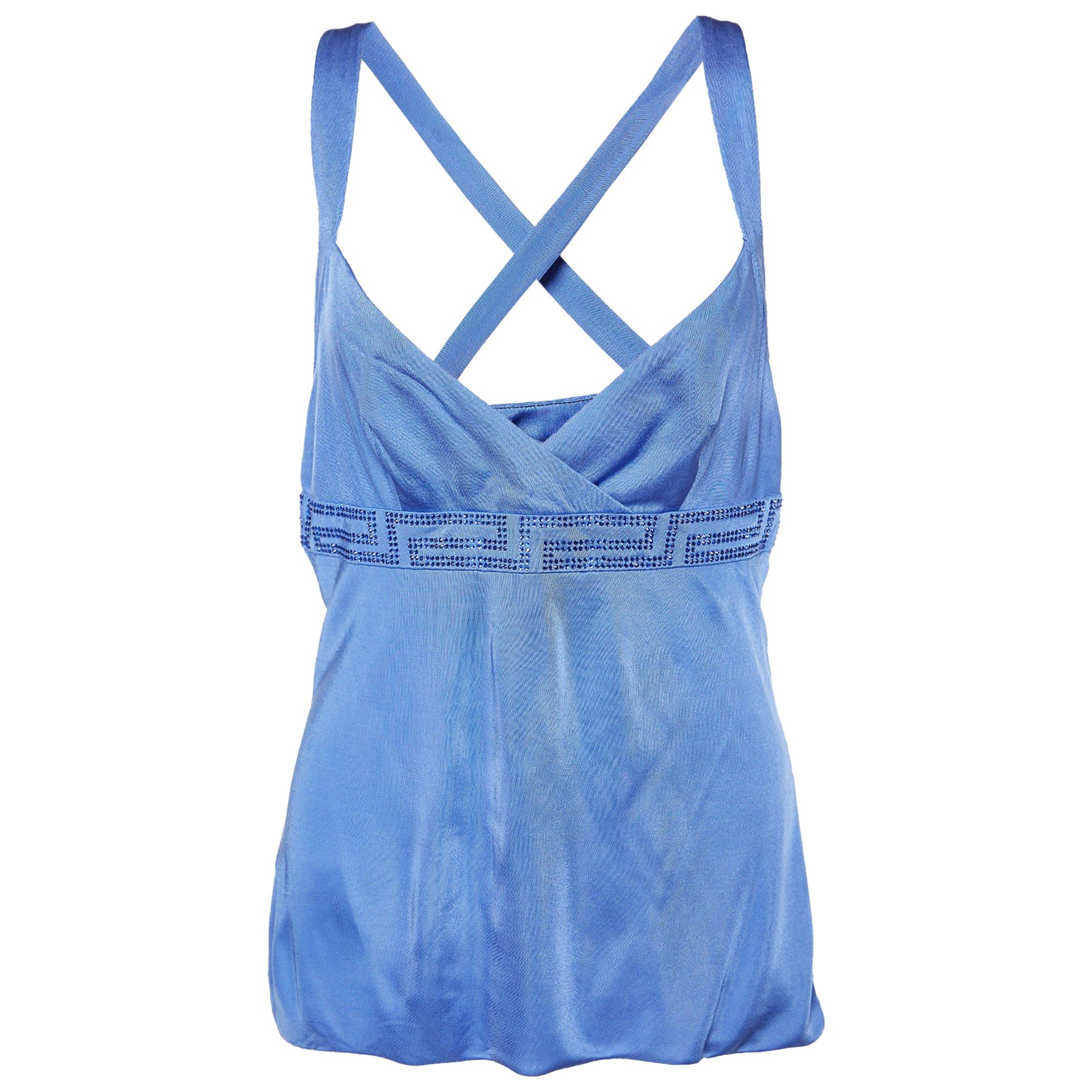 Versace Blue Jersey Crystal Greca Embellished Tank Top M For Sale