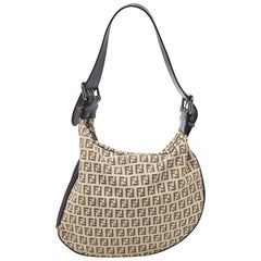 Fendi Beige/Black Zucchino Canvas and Leather Oyster Hobo