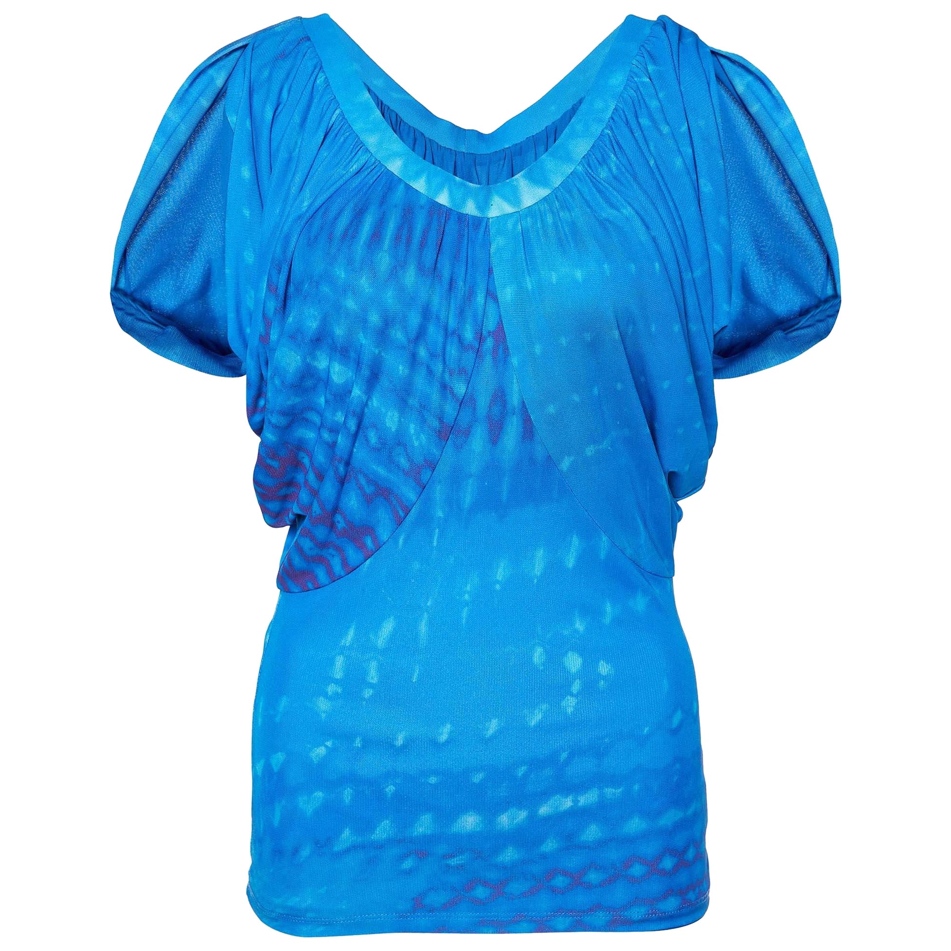 Roberto Cavalli Blue Printed Jersey Draped Sleeve Top S For Sale