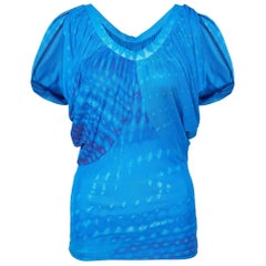 Roberto Cavalli Blue Printed Jersey Draped Sleeve Top S
