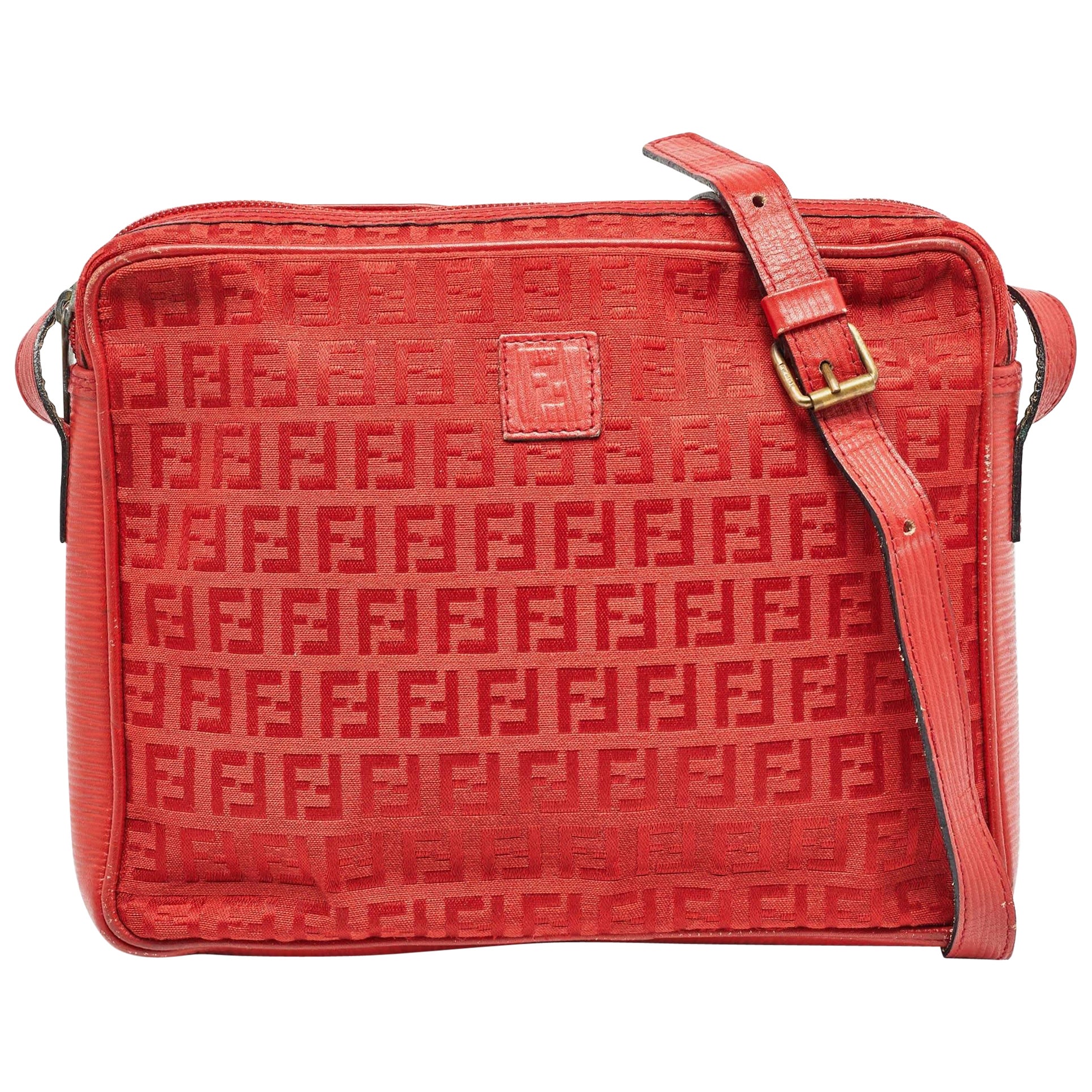 Fendi Red Zucchino Canvas and Leather Crossbody Bag