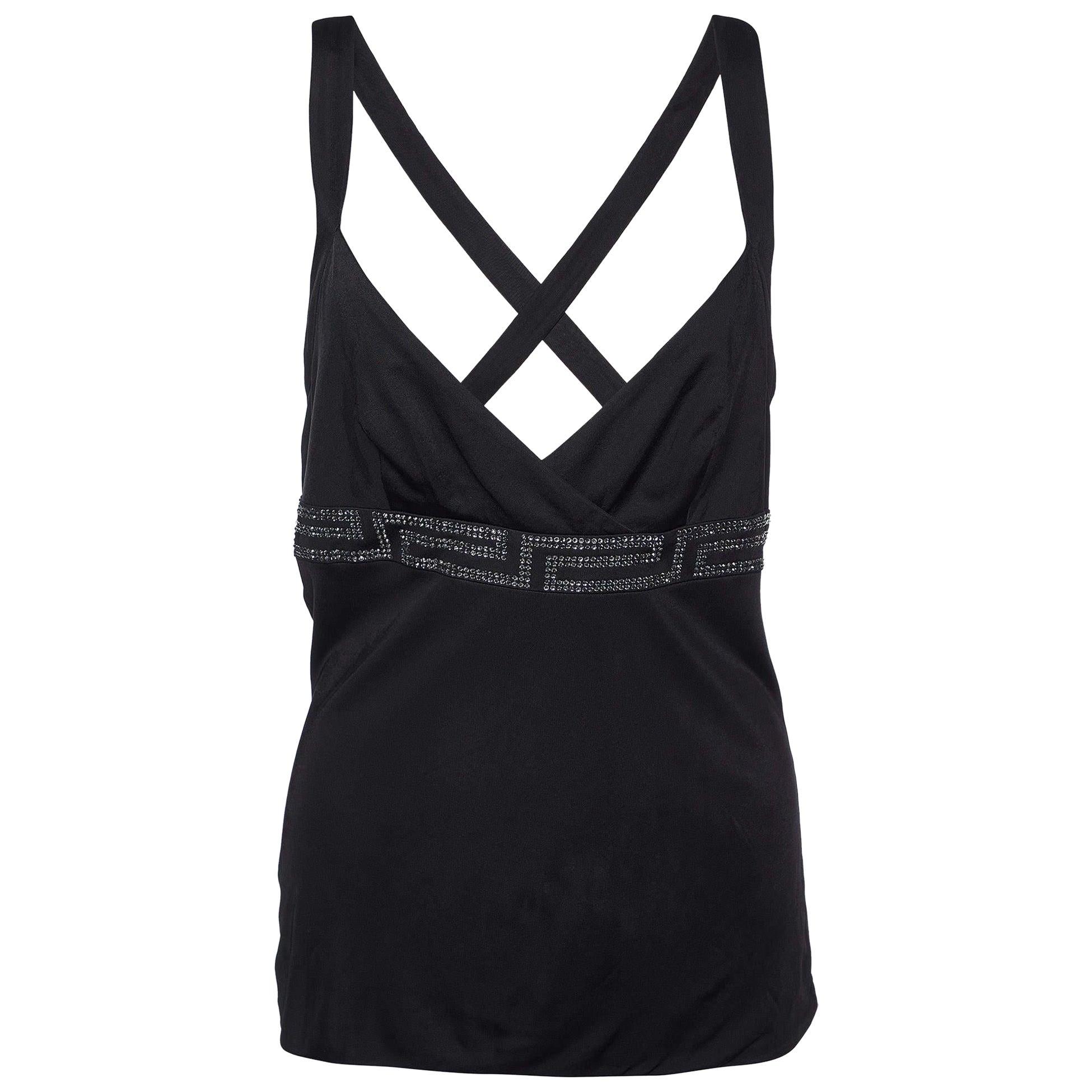 Versace Black Jersey Crystal Greca Embellished Tank Top M For Sale