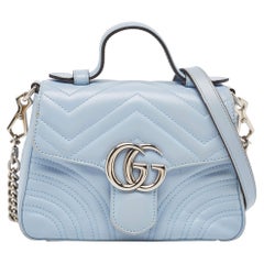Gucci Blue Matelassé Leather Mini GG Marmont Top Handle Bag