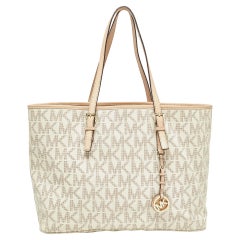 Michael Kors Tote Jet Set in tela rivestita e pelle color beige/bianco
