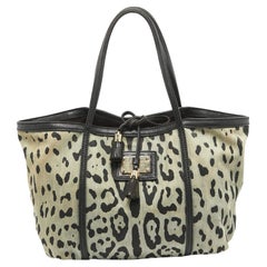 Dolce & Gabbana Black/Light Blue Leopard Print Canvas & Leather Miss Escape Tote
