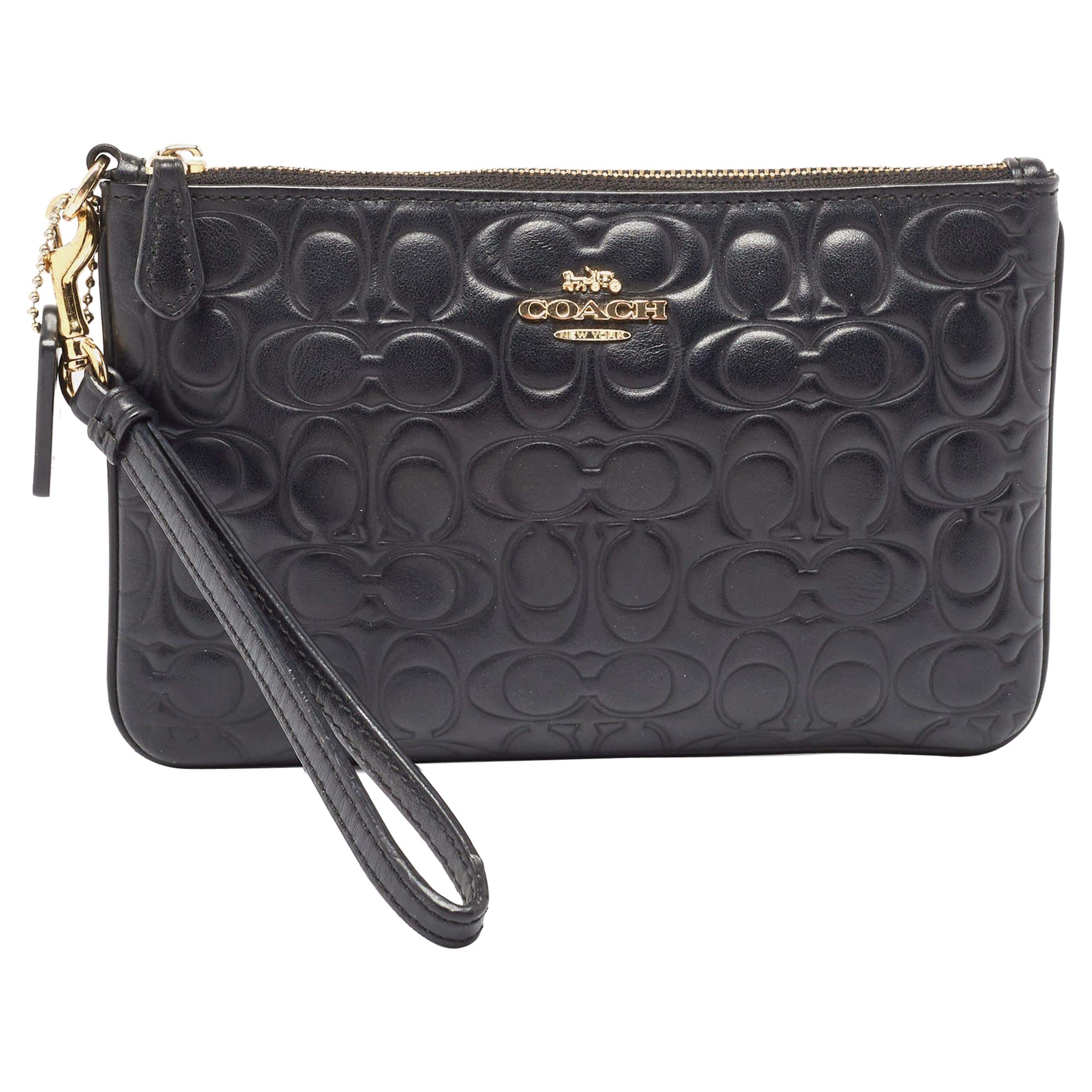 Coach Black Signature Embossed Leather Wristlet Pouch For Sale