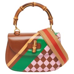 Gucci Brown Geometric Print Leather Medium Bamboo 1947 Top Handle Bag