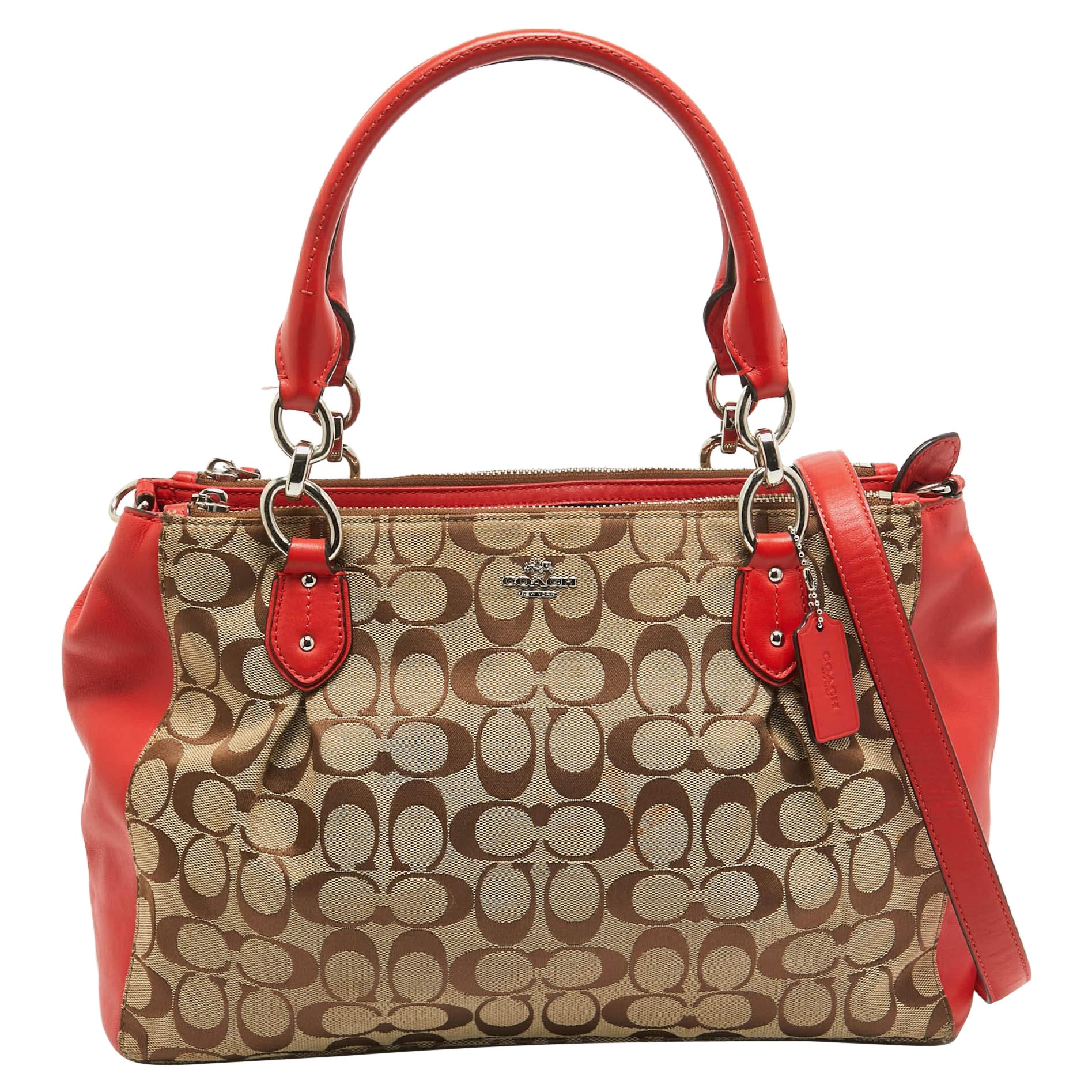Coach Red/Beige Signature Canvas and Leather Large Christie Caryall Tote For Sale