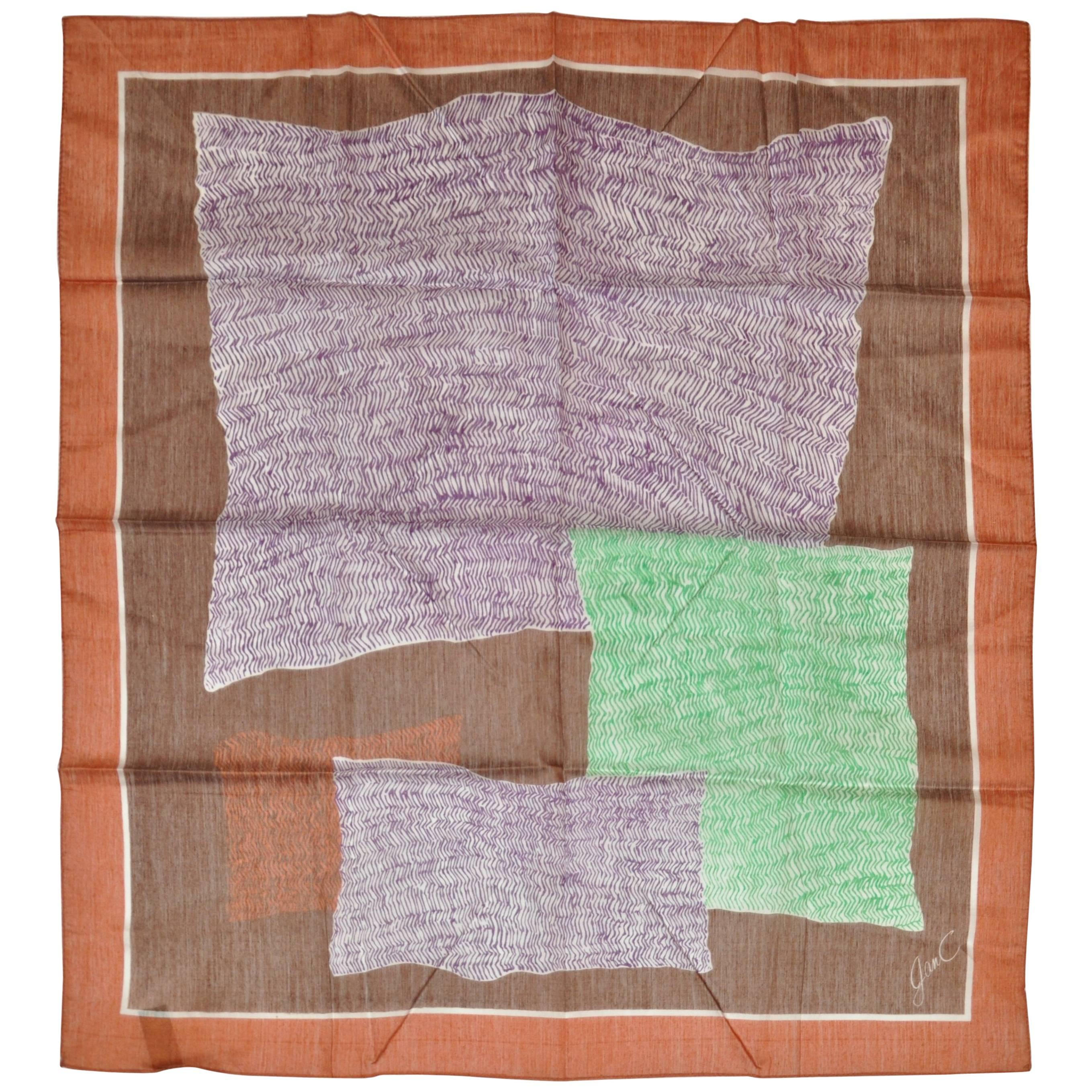 Pañuelo Jan C Estampado a Mano Zig Zag Multicolor con Borde Marrón en venta