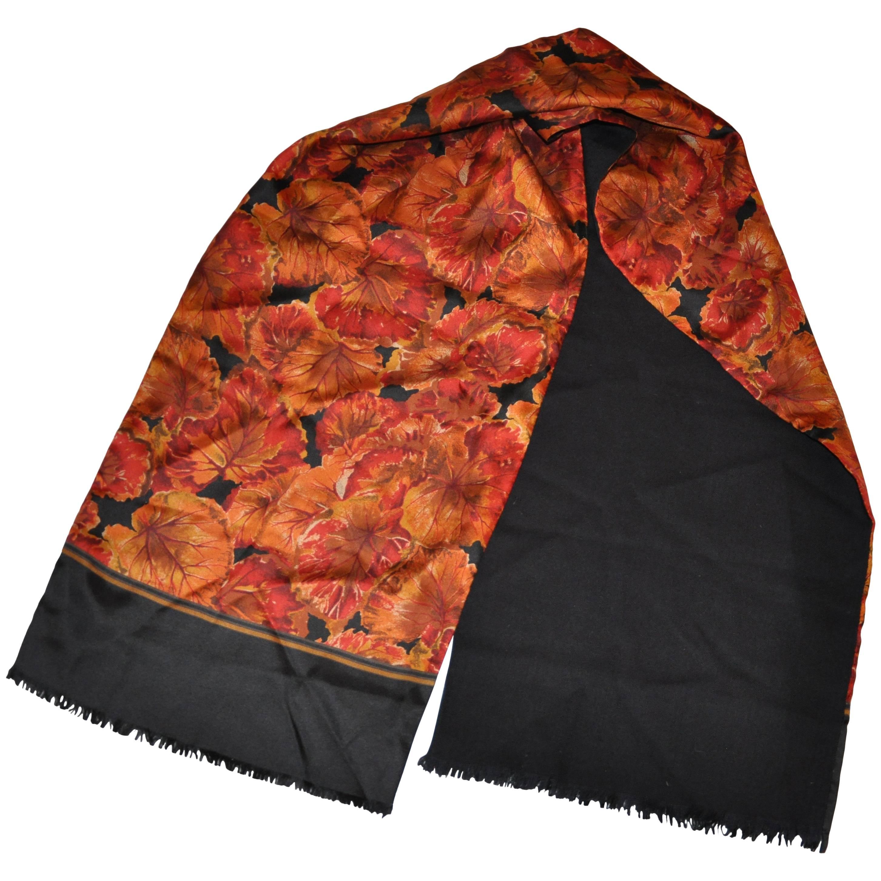 Geoffrey Beene "Autumn Leaves" Silk with Black Cashmere Fringe Scarf For Sale