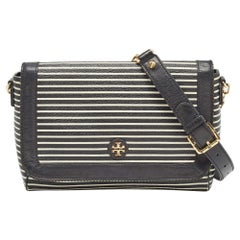Tory Burch Schwarz/Weiß gestreifte Kerrington Umhängetasche aus Leder mit Streifen