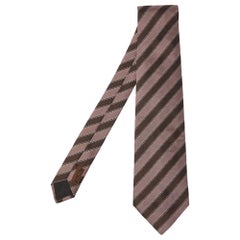 Hermes Brown Diagonal Stripe Pattern Silk Traditional Tie