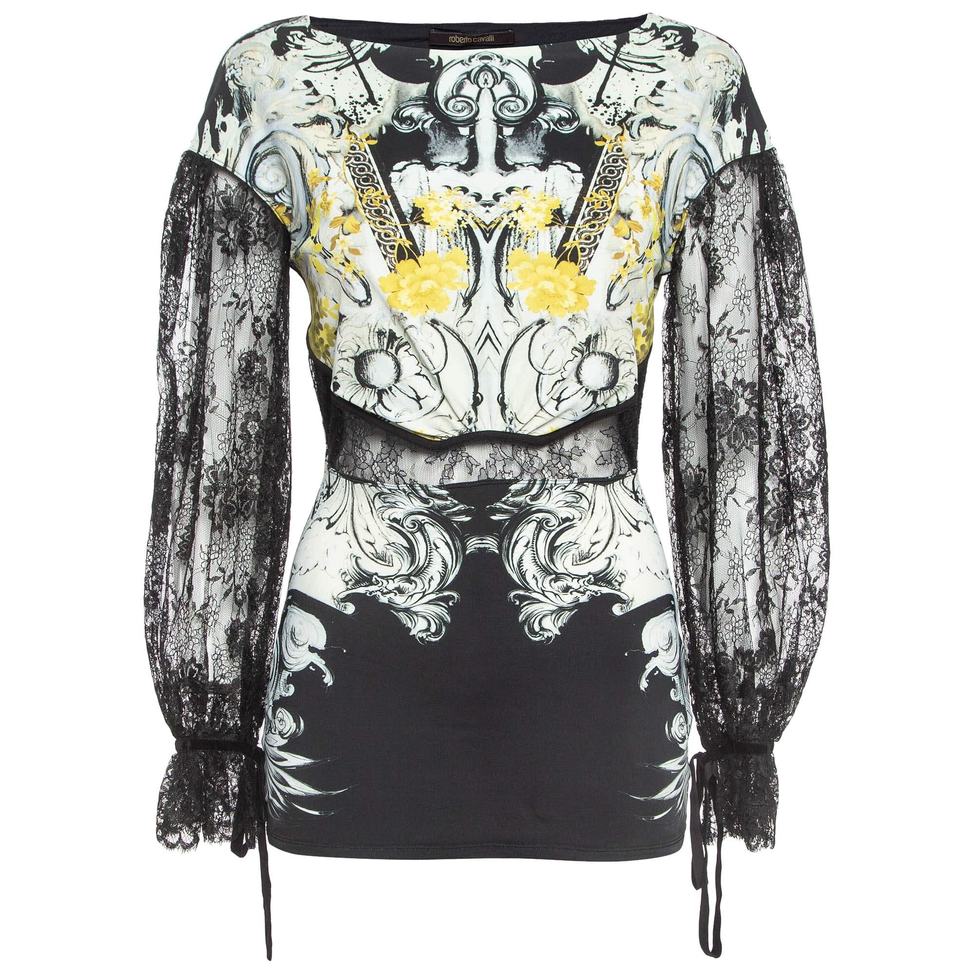 Roberto Cavalli Jersey Multicolor Print Lace Detailed Top M
