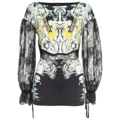 Roberto Cavalli Jersey Multicolor Print Lace Detailed Top M