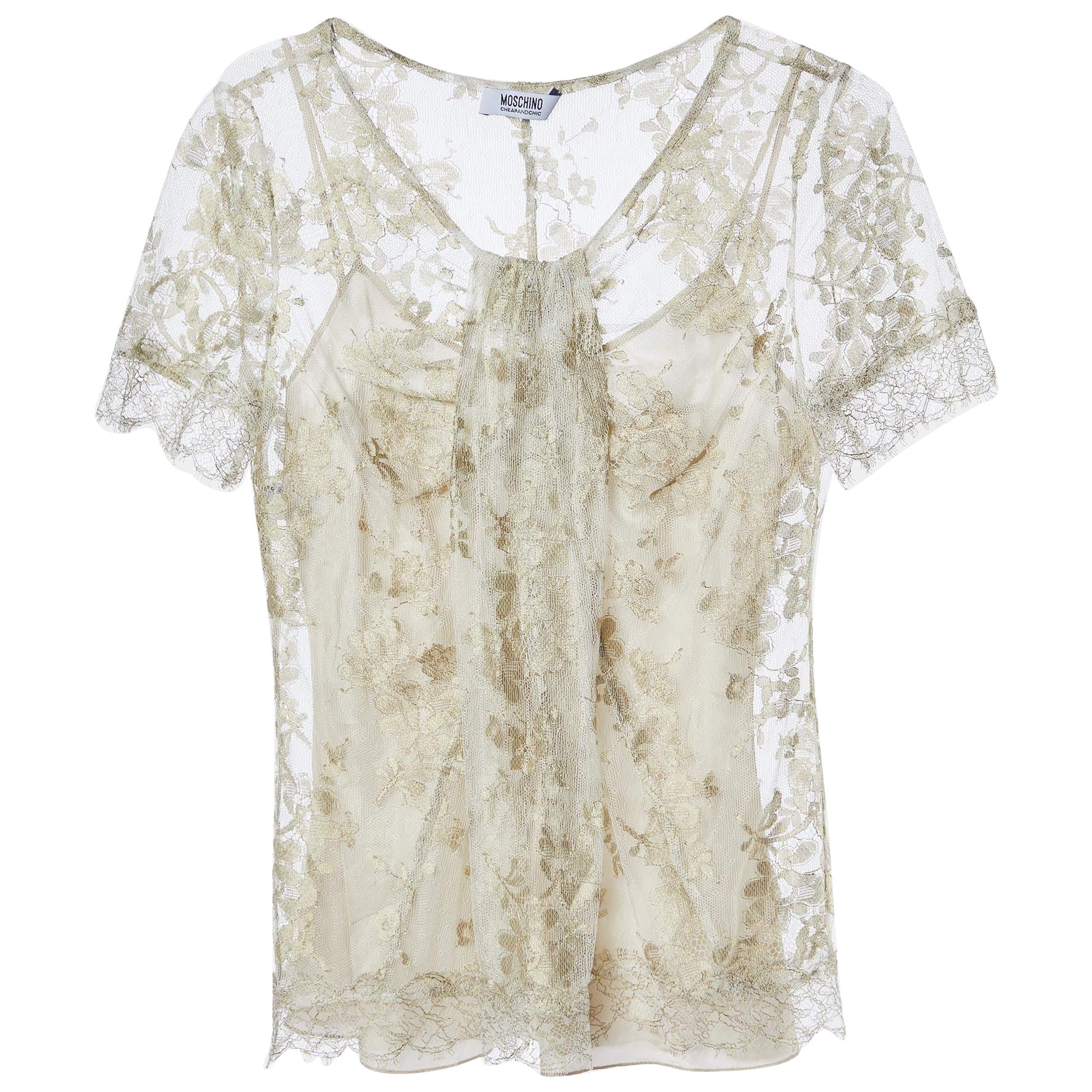Moschino Cheap and Chic Gold Floral Lace Half Sleeve Top S