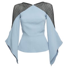 Roland Mouret Blue Crepe Lace Trimmed Flare Sleeve Top S
