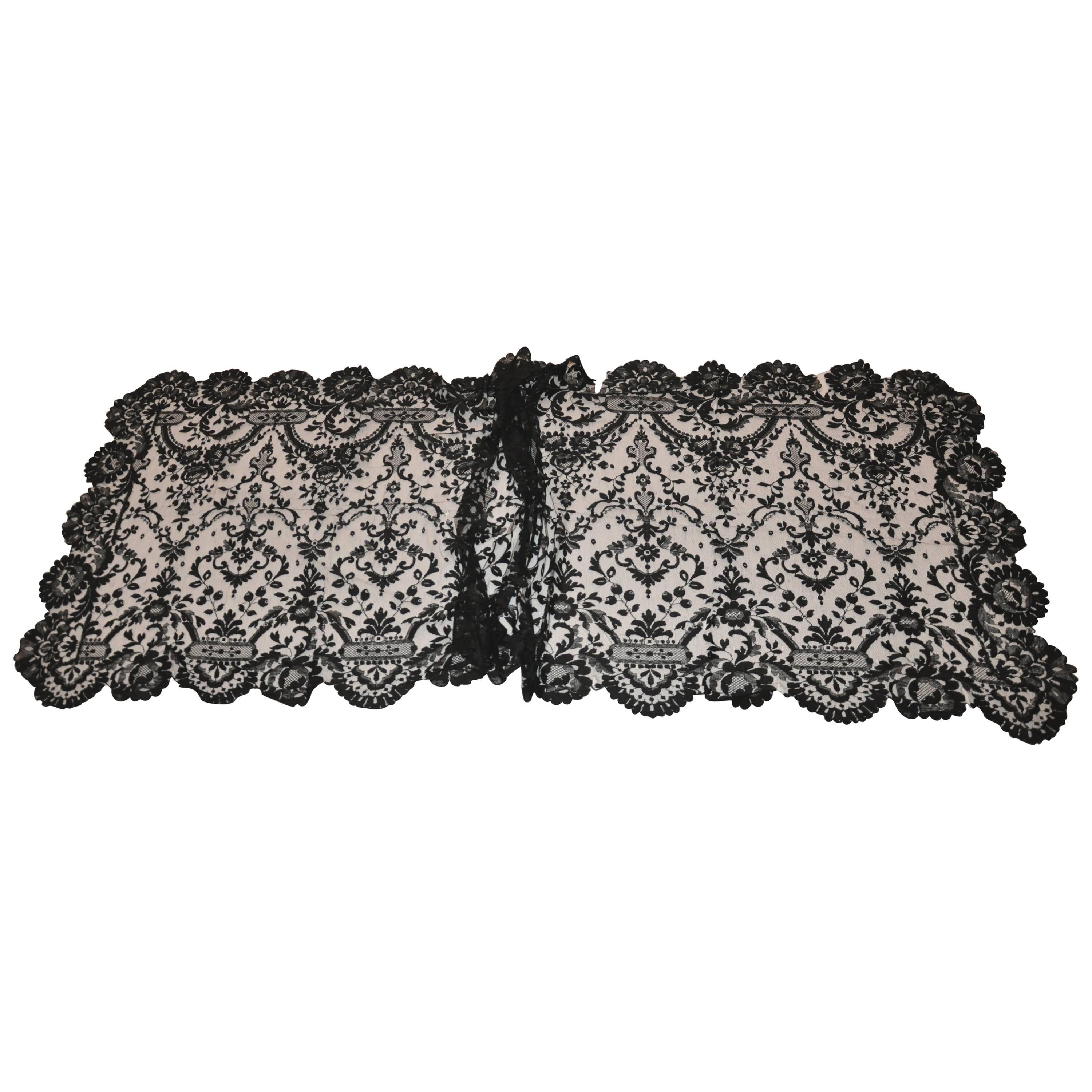 Rare Huge Black Floral Lace & Netting Accent "Widow Shawl"  For Sale