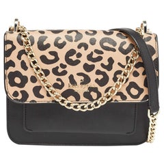 Kate Spade Black/Beige Leopard Print Leather Remi Flap Chain Crossbody Bag