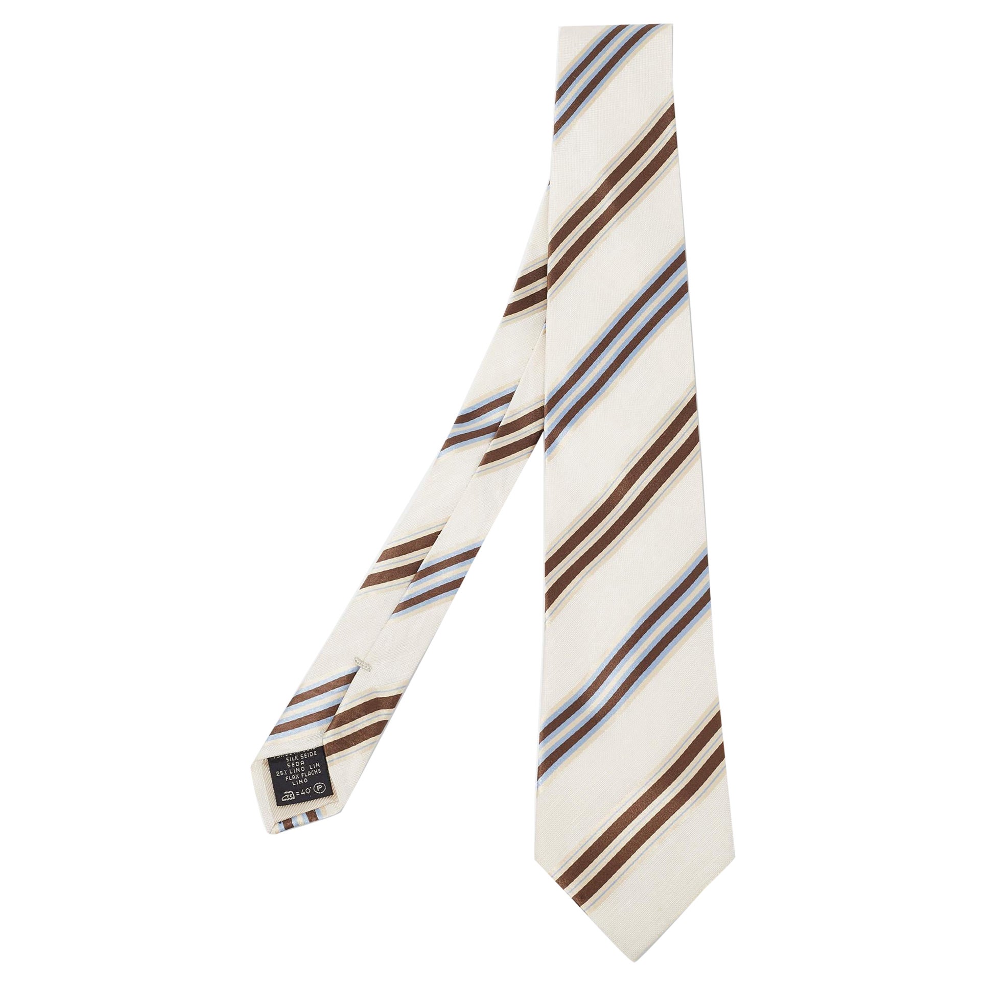 Ermenegildo Zegna - Cravate rayée en soie et lin blanc cassé