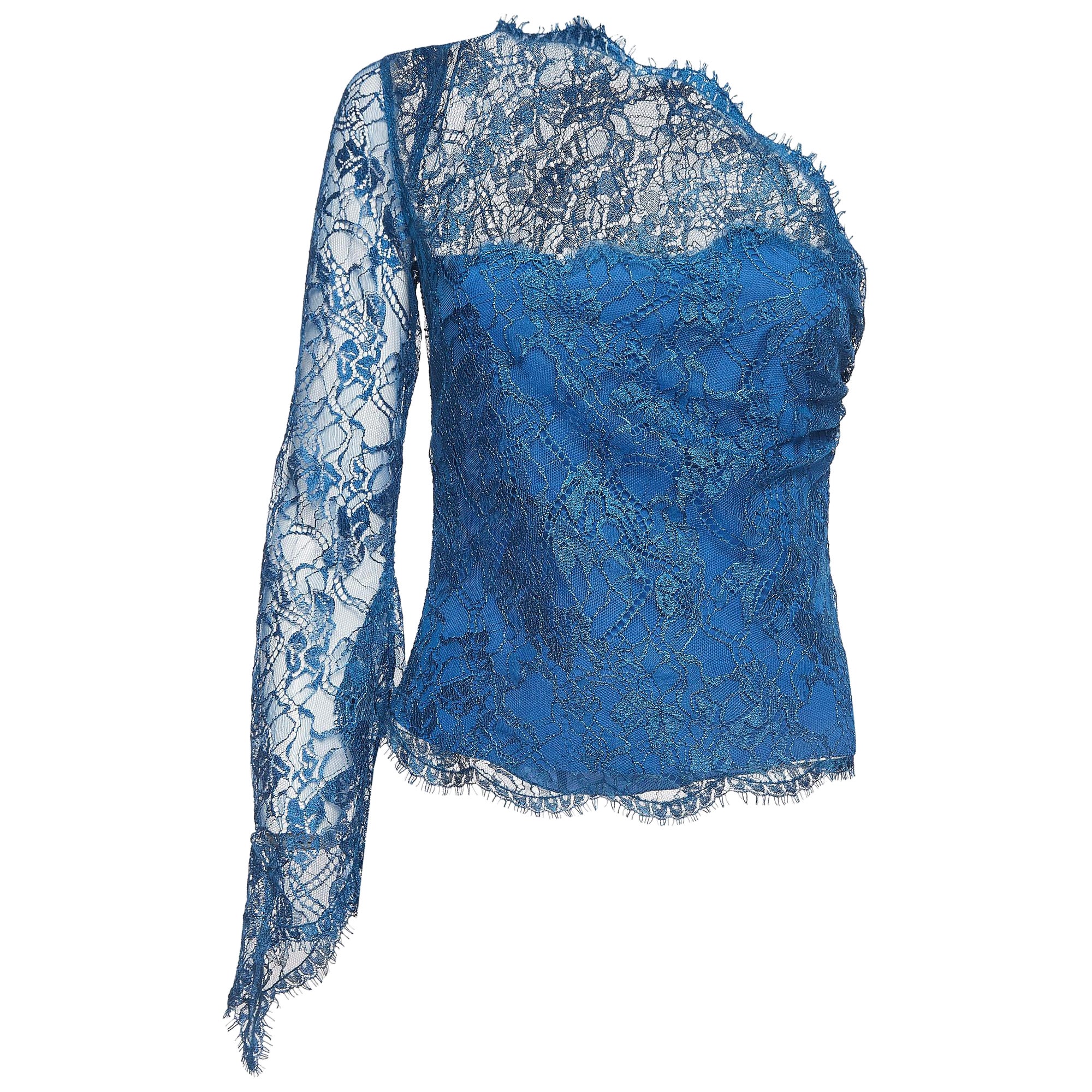 Emilio Pucci Top de un hombro de encaje azul estampado M