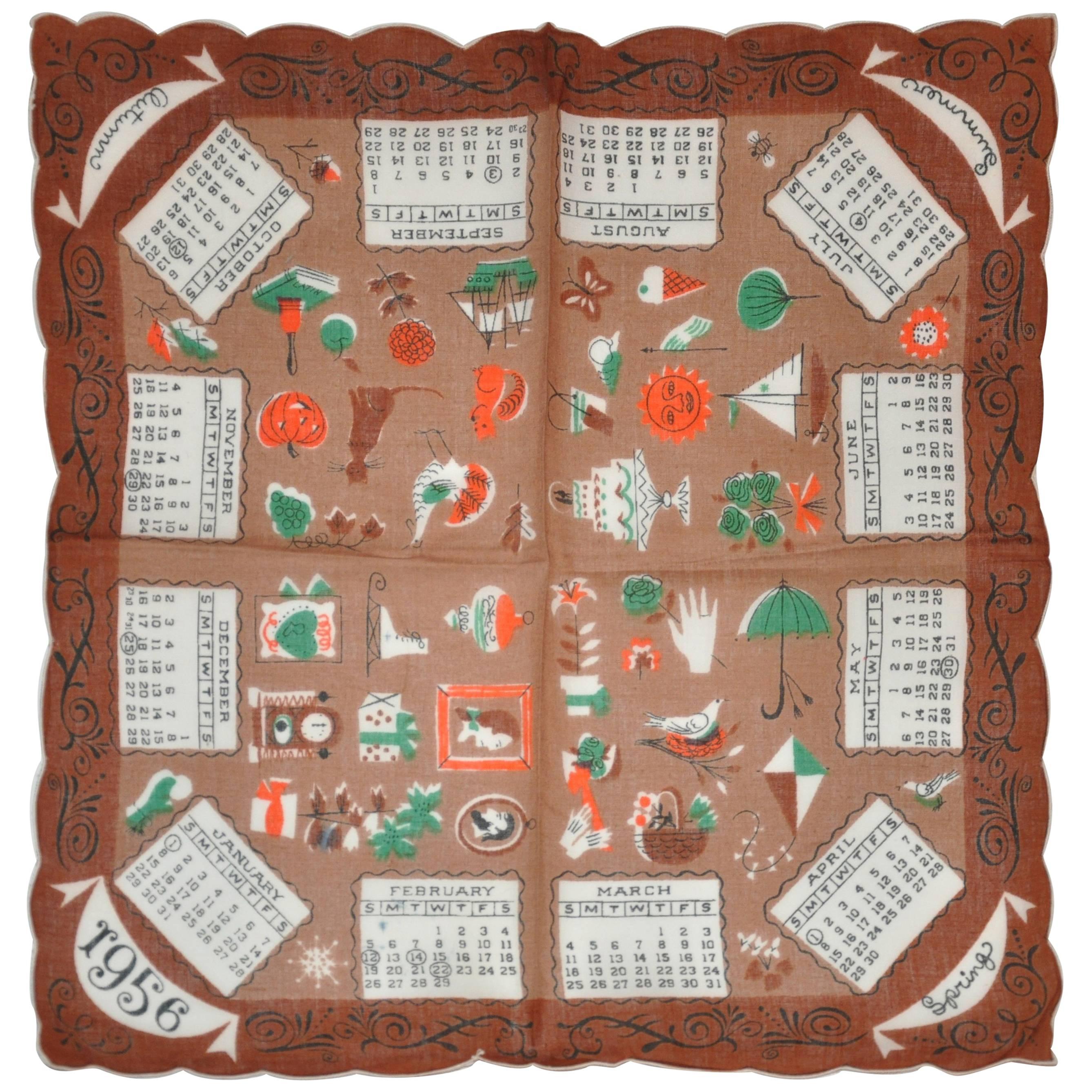 "1956" Calendar Cotton Handkerchief For Sale
