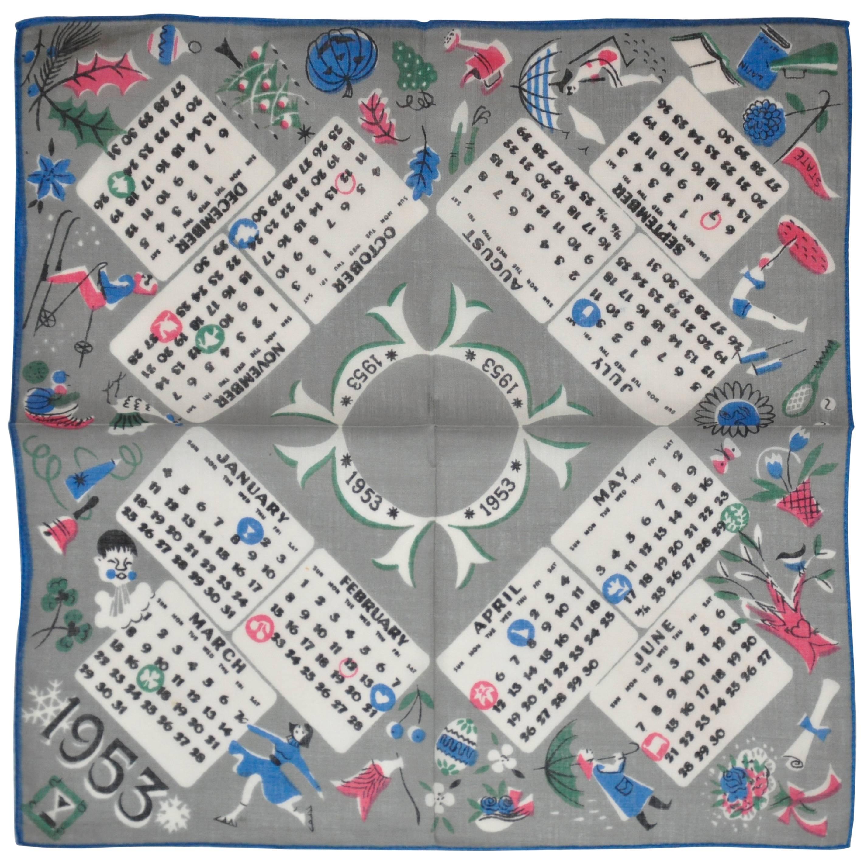 "1953" Calendar Cotton Handkerchief For Sale