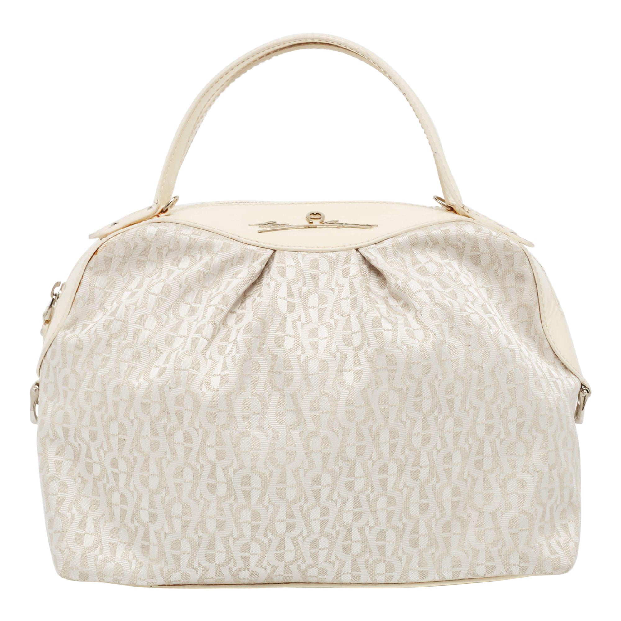 Aigner White/Cream Monogram Canvas and Patent Leather Logo Satchel For Sale