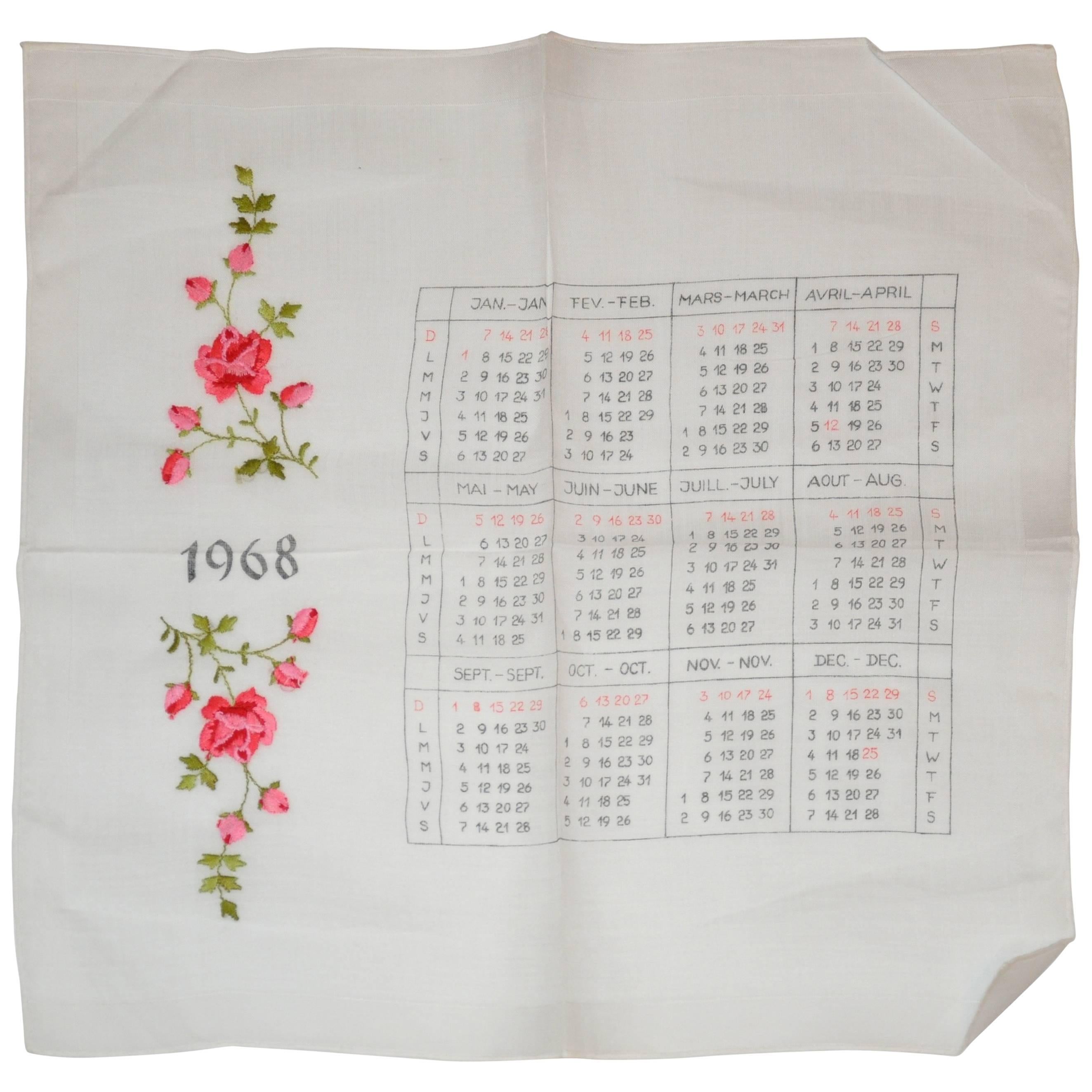 "1968" Calendar Cotton Handkerchief For Sale