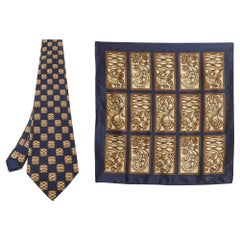 Lanvin Blue Printed Satin Silk Pocket Square and Traditional Tie