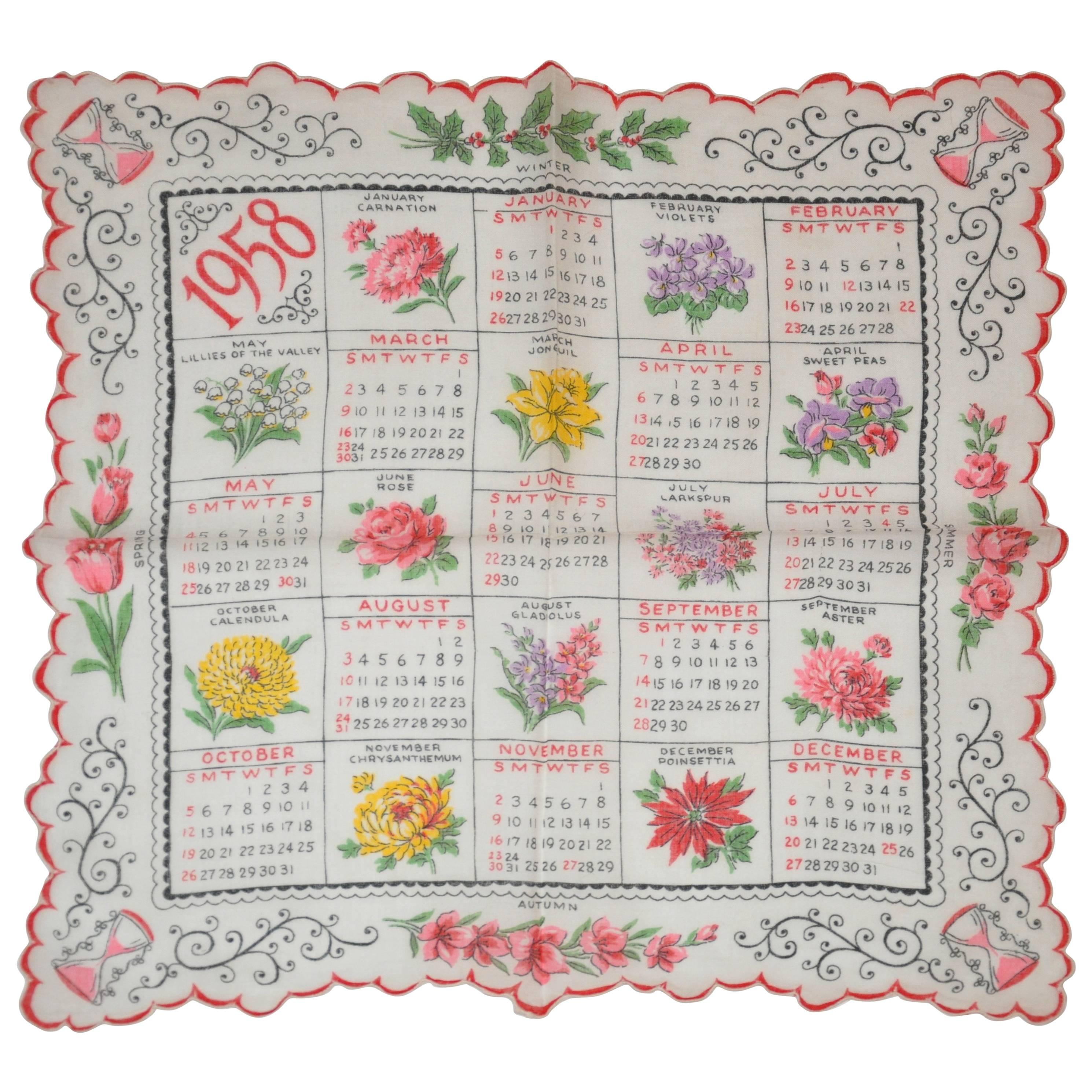 "1958" Calendar Cotton Handkerchief For Sale