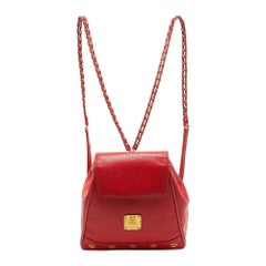 MCM Red Leather Studded Flap Backpack