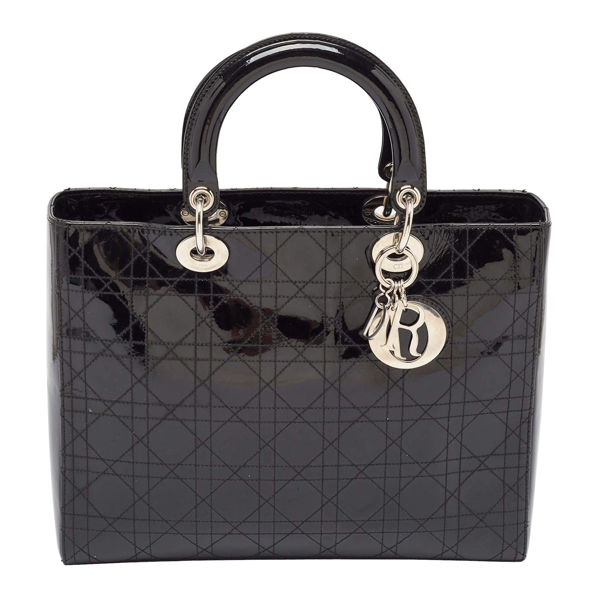 Dior Black Cannage Patent Leather Large Lady Dior Tote