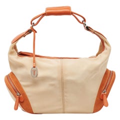 Tod's Beige/Orange Nylon and Leather Charlotte Hobo