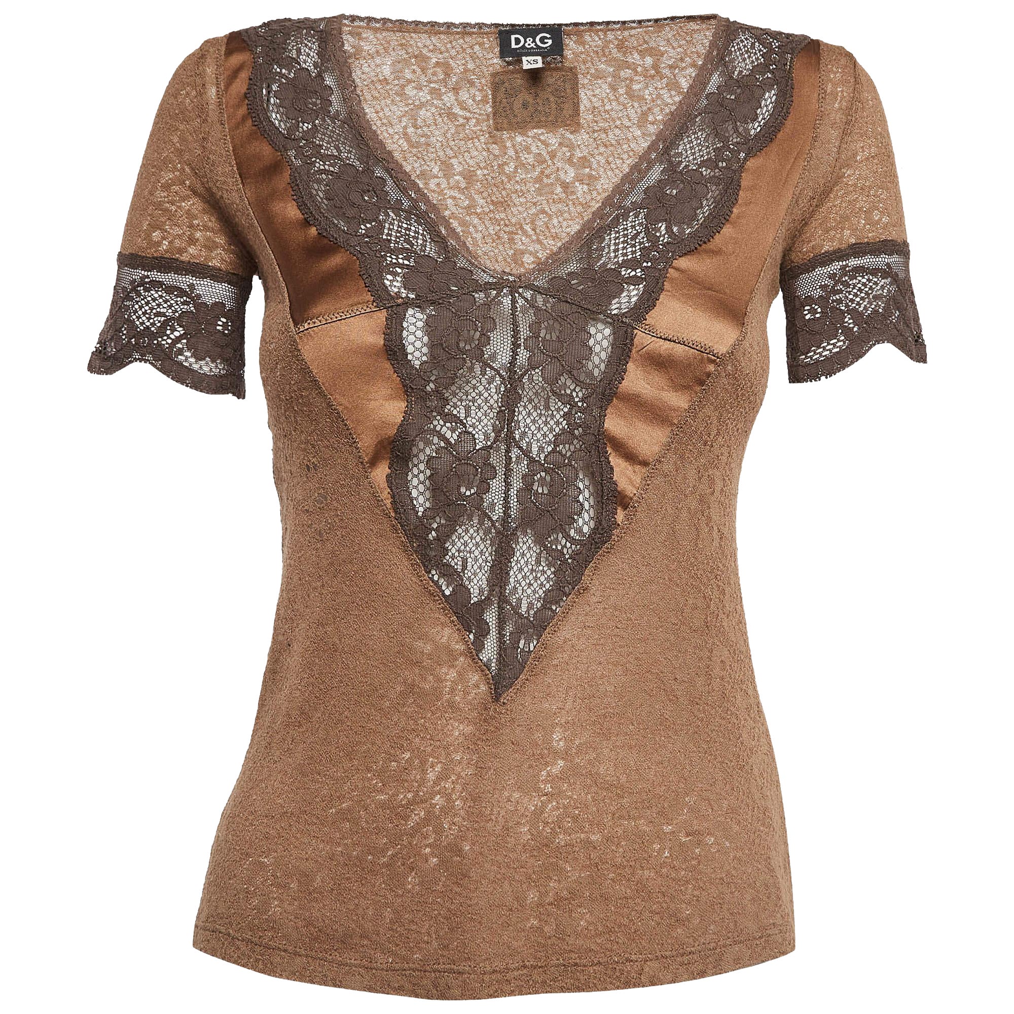 Dolce & Gabbana Brown Lace V Neck Top XS For Sale
