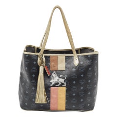 MCM Tote Shopper Princess Lion in Tela Coates Blu Scuro/Multicolore