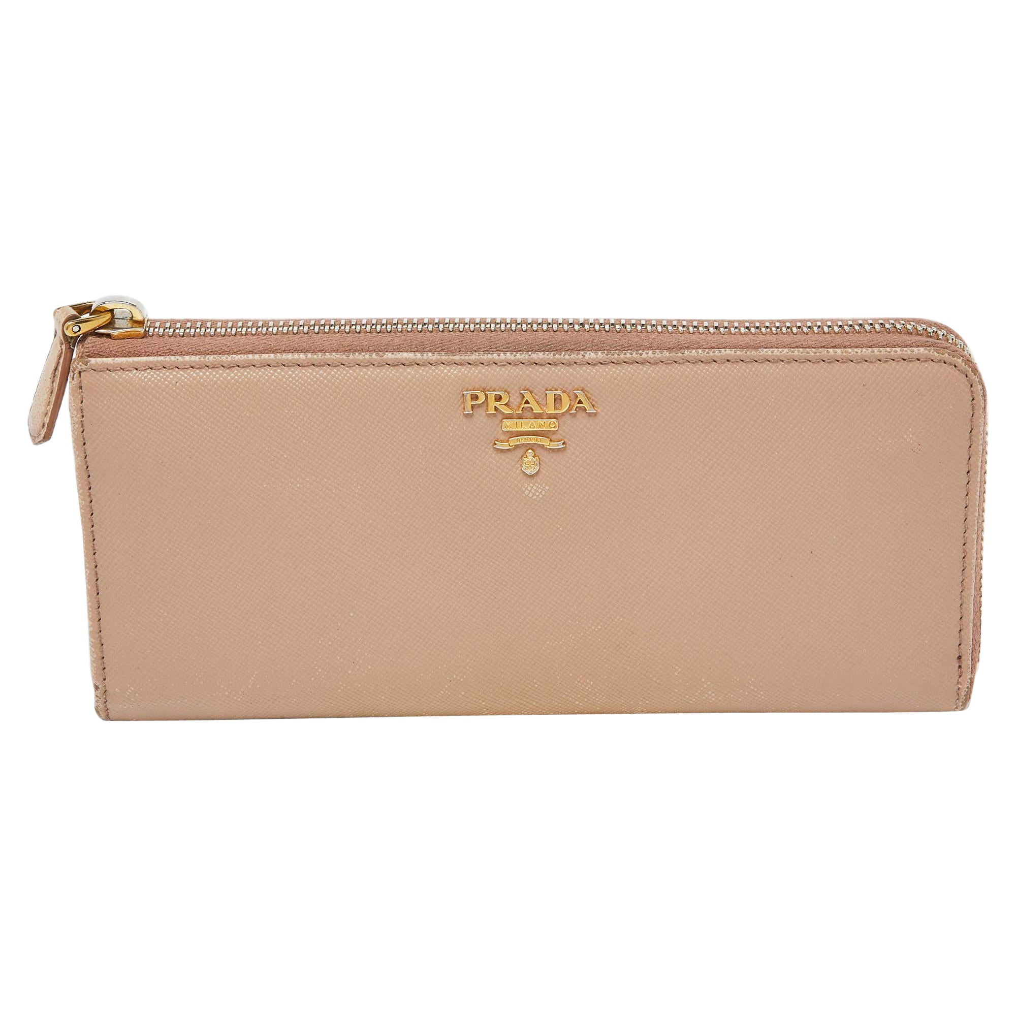 Prada Beige Saffiano Leather Zip Around Continental Wallet For Sale