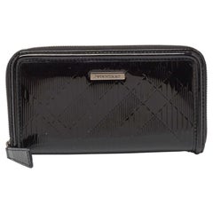Burberry Black House Check Embossed Patent Leather Zip Continental Wallet