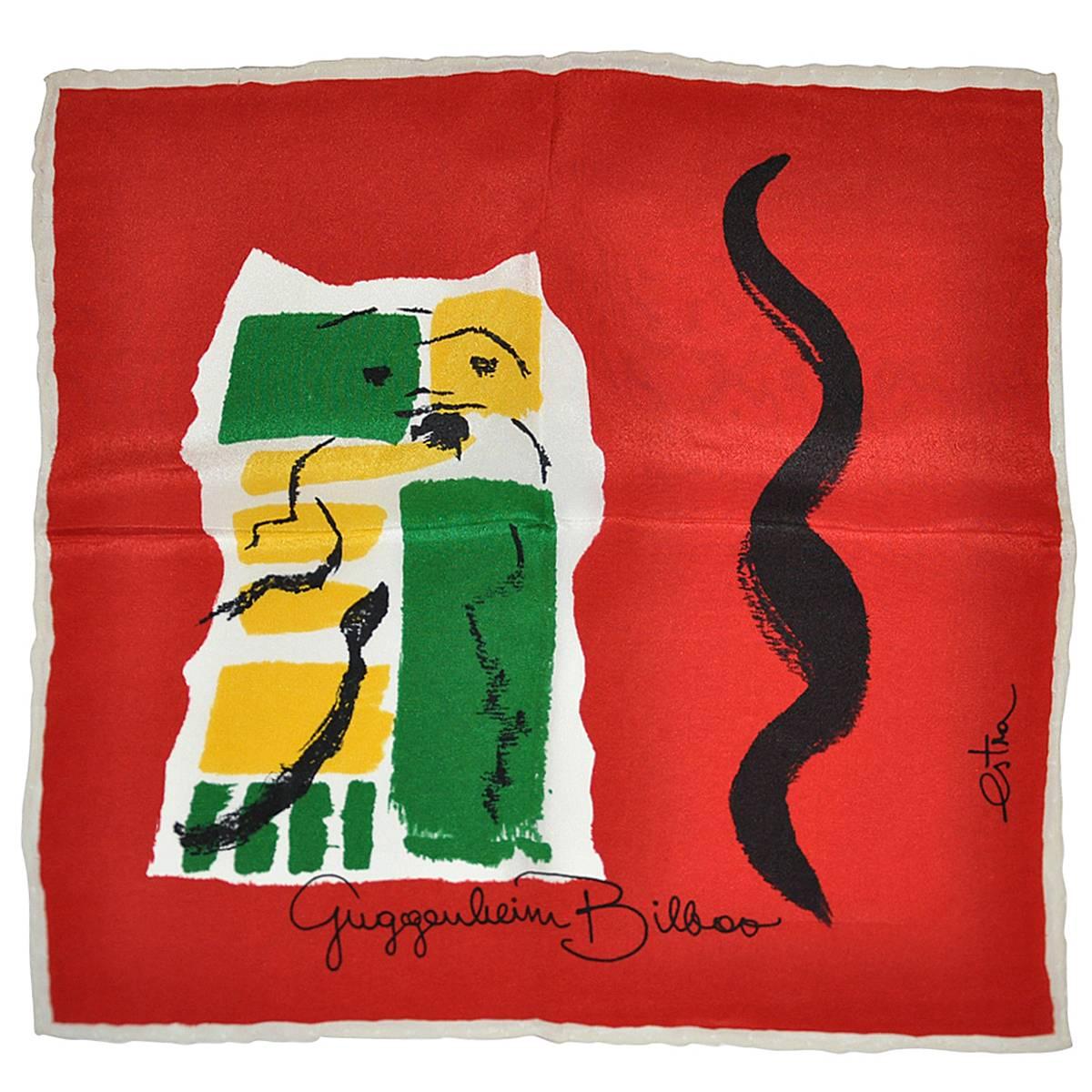 Rare Estra Bold Vividly Detailed  "Guggenheim Bilboo" Silk Handkerchief