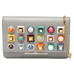 Fendi Grey Leather Rainbow Stud Tube Wallet On Chain