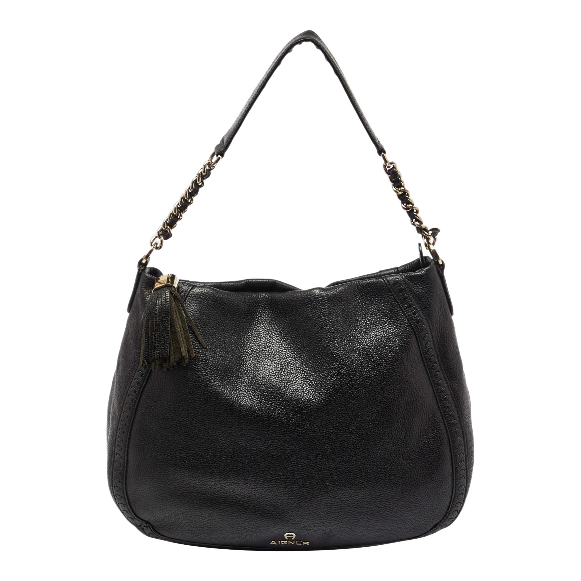Aigner Black Leather Zip Hobo For Sale